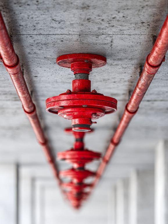 Close-up view of industrial red fire sprinkler heads and piping