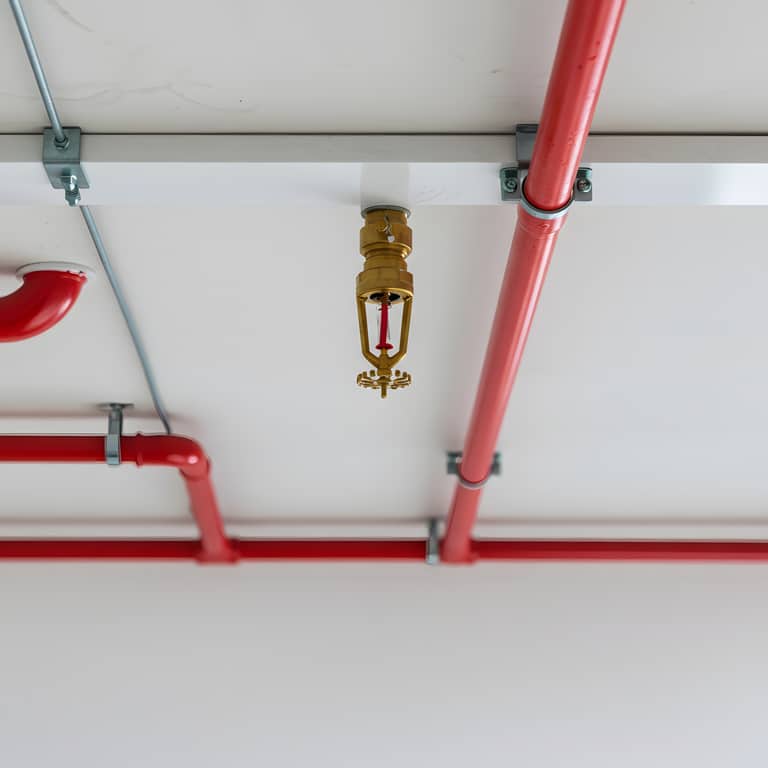 Fire Sprinkler and Red Pipes on Ceiling