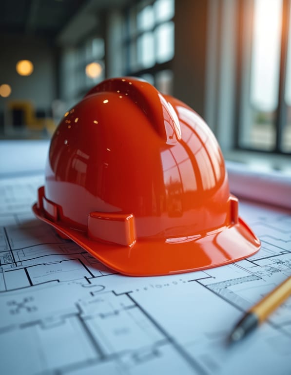 Orange hard hat on top of architectural blueprint. Planning fire safety with safety helmet for construction, engineering, building design. Pencil for consultation, detailed project plan, health