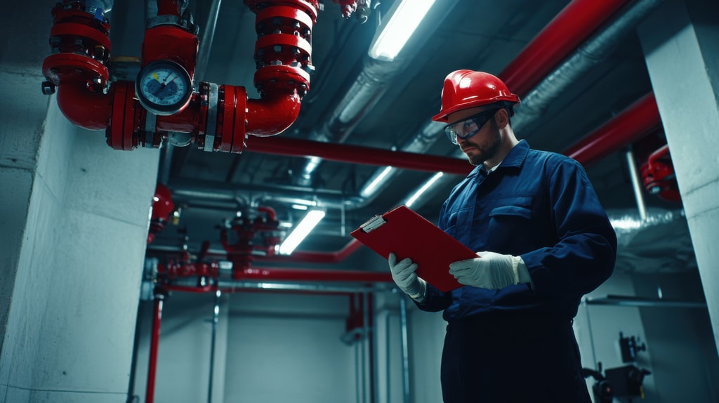 Fire safety officer inspecting commercial sprinkler systems. Fea