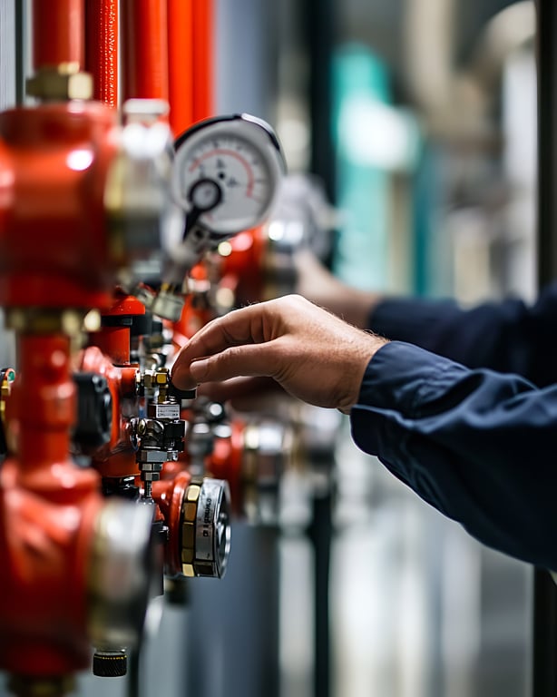 Fire safety inspector testing sprinkler systems inside a commerc