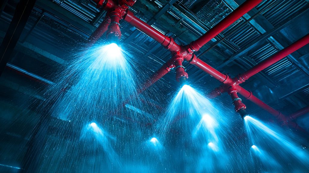 Emergency fire suppression system in action with bright illumina