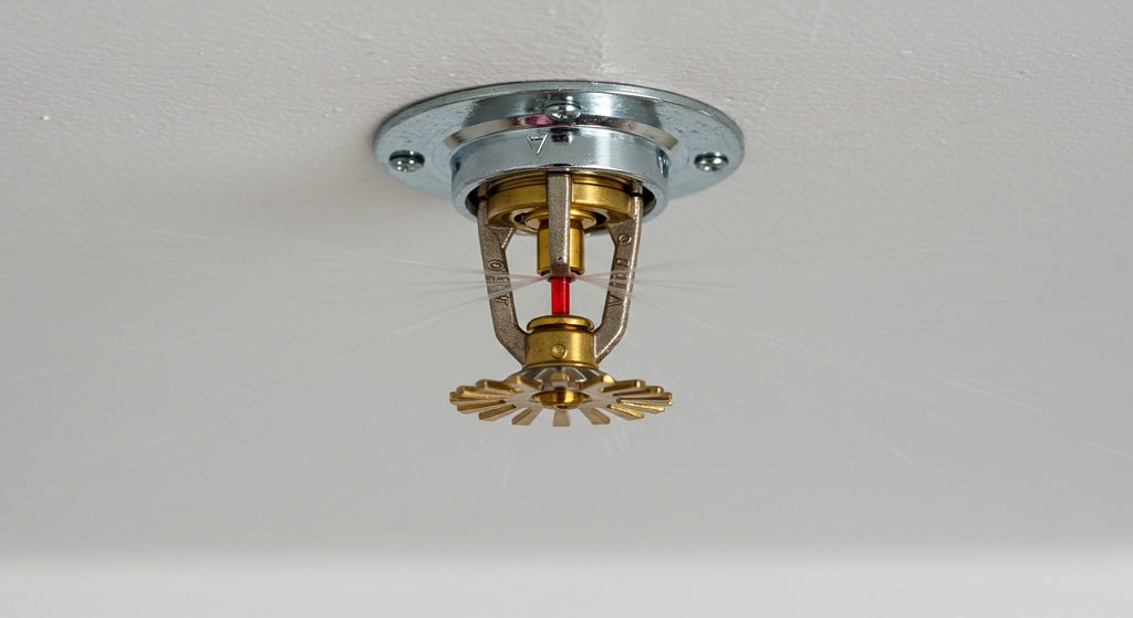 Activating sprinkler system on a white ceiling shows a home safety sprinkler spraying water for fire prevention.
