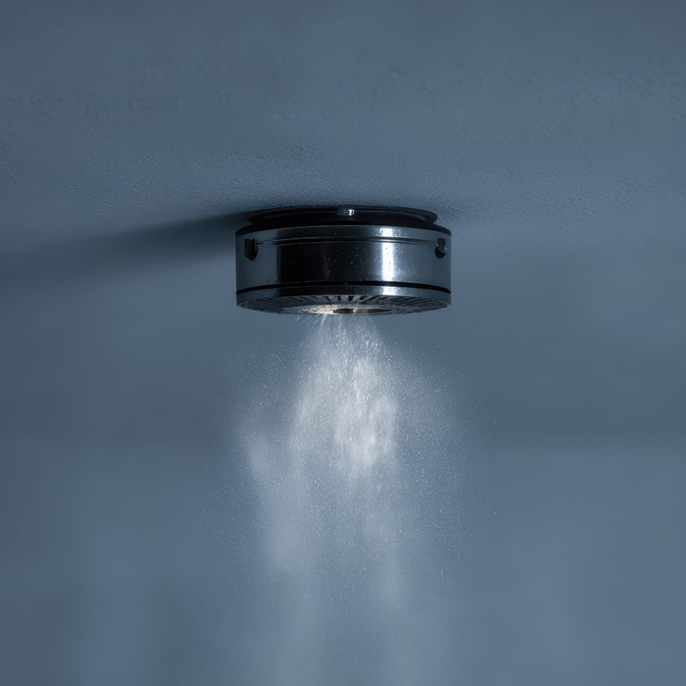 Nozzle sprays liquid indoors, possibly testing fire suppression tech. Gray wall