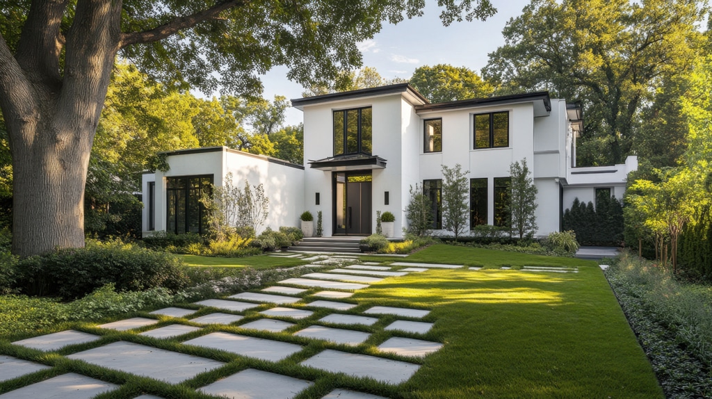 Contemporary white mansion with a lush green front yard, featuring a stone pathway leading to the entrance.